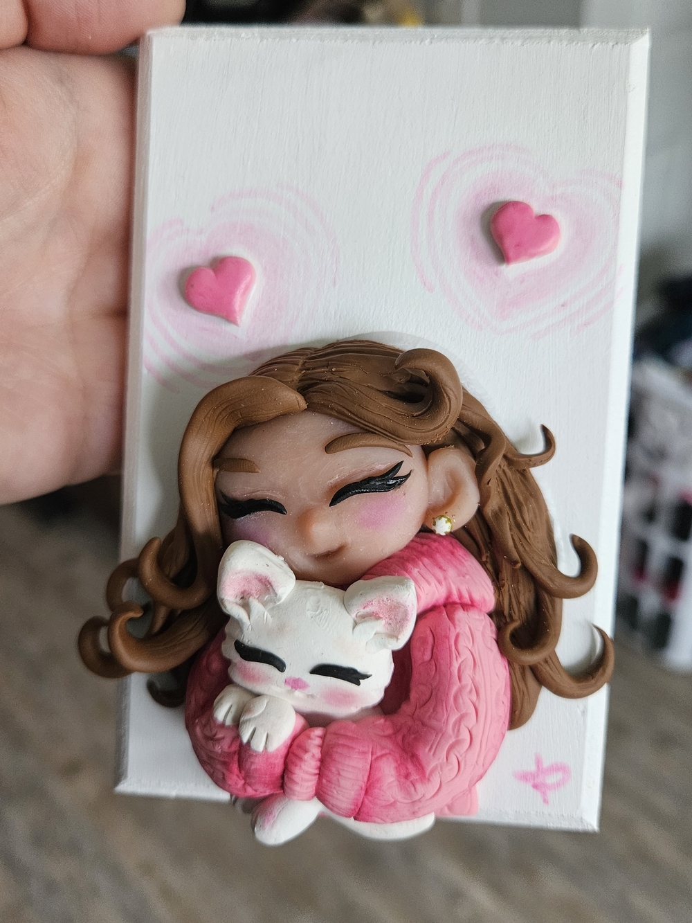 Handmade Polymer Clay Girl Hugging Cat Wall Art - Pink